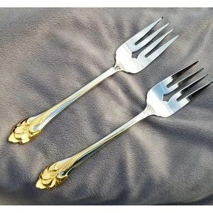 2 Stainless Oneida GOLDEN AMARYLLIS Cold Meat Serving Forks 8 1/2" Gold Accent